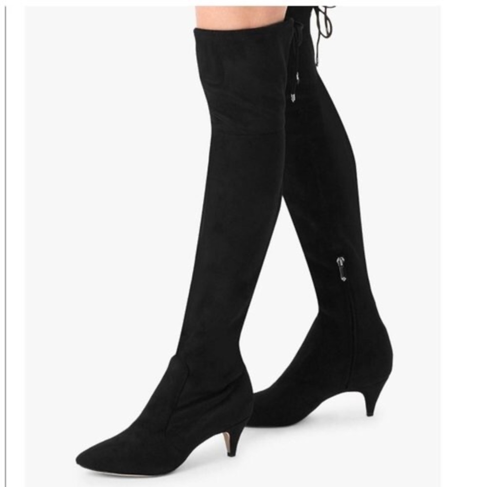 Sam Edelman Kristie Over The Knee Black Suede Kitten Heel Zip Up Point Toe Boots - Picture 9 of 16